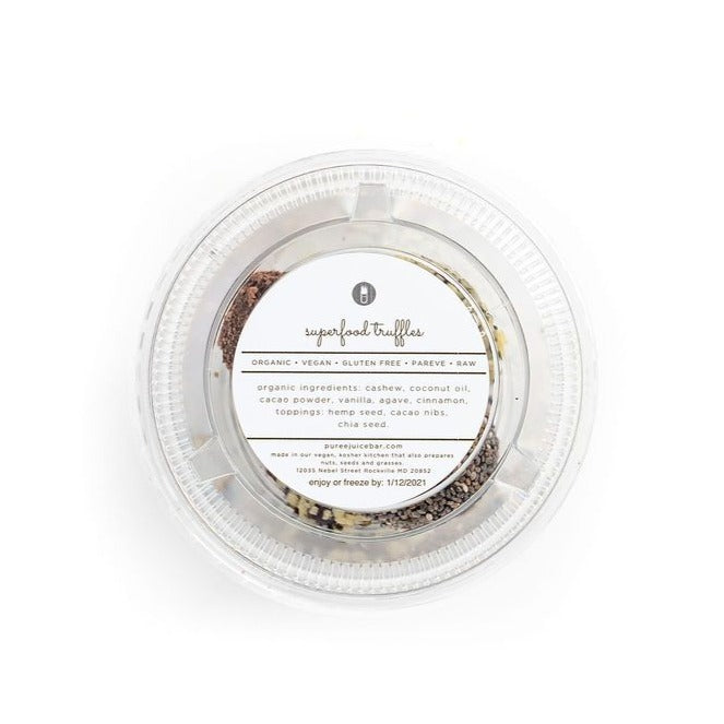Organic ingredients: cashew, coconut oil, cacao powder, vanilla, agave, cinnamon  Toppings: hemp seed, cacao nibs, chia seed.