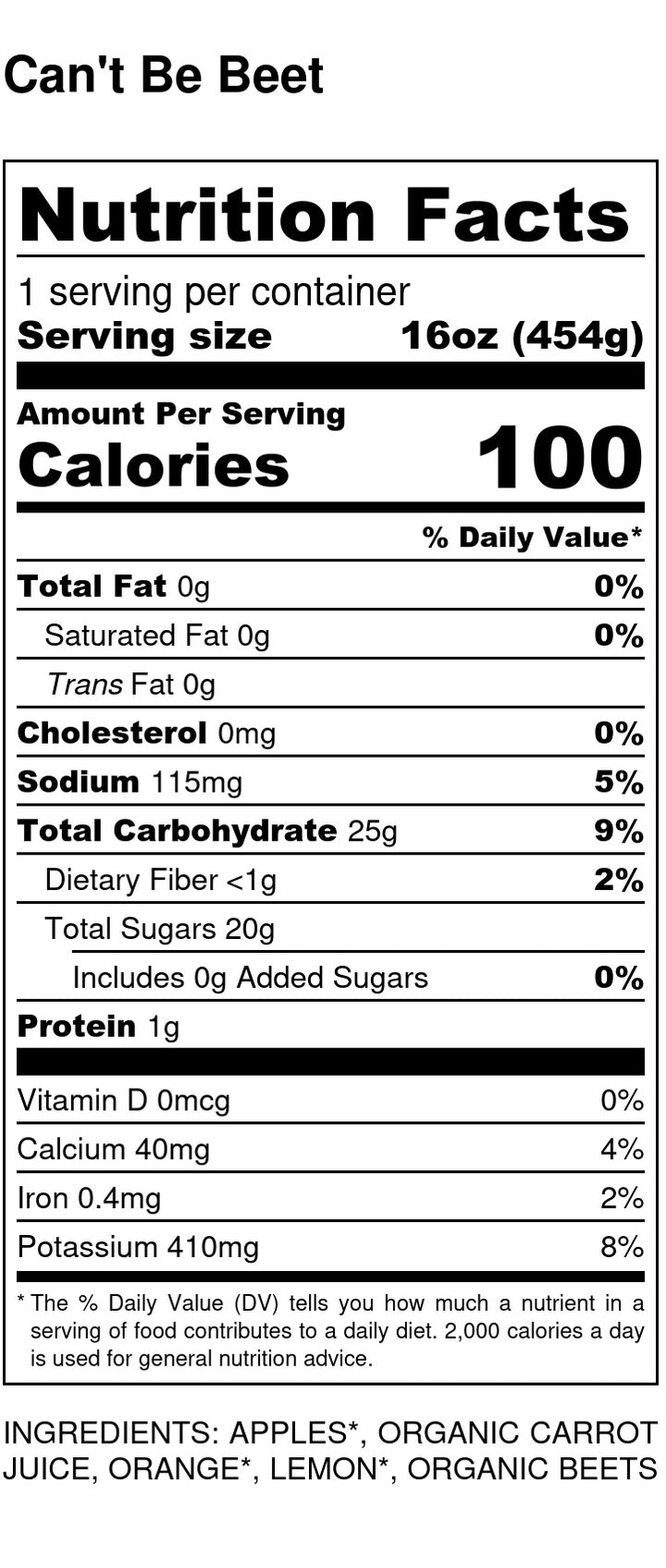 Can't Be Beet Nutrition Label