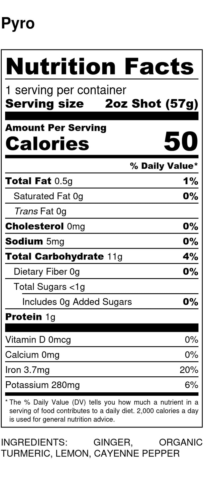 Pyro Shot Nutrition Label